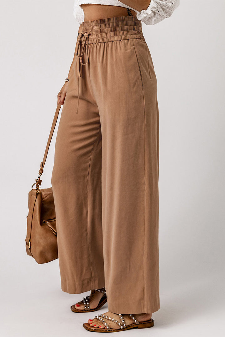 Brown Drawstring Elastic Waist Casual Wide Leg Pants Bottoms/Pants & Culotte