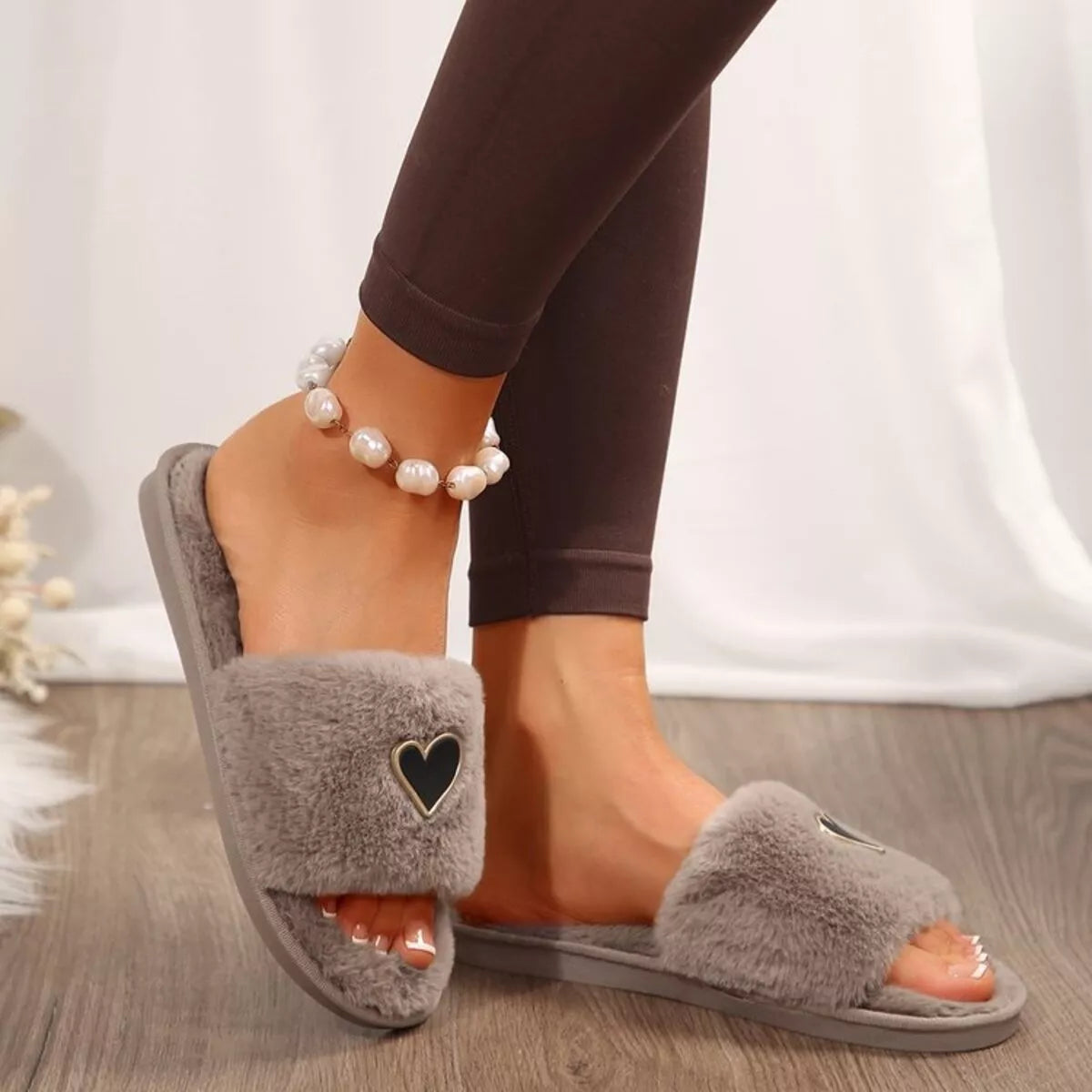 Heart Open Toe Flats Slippers 