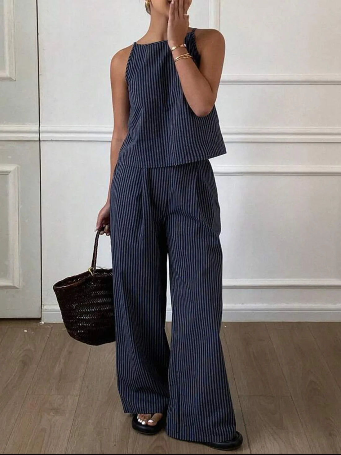 Striped Round Neck Tank and Wide Leg Pants Set Two Piece Dresses