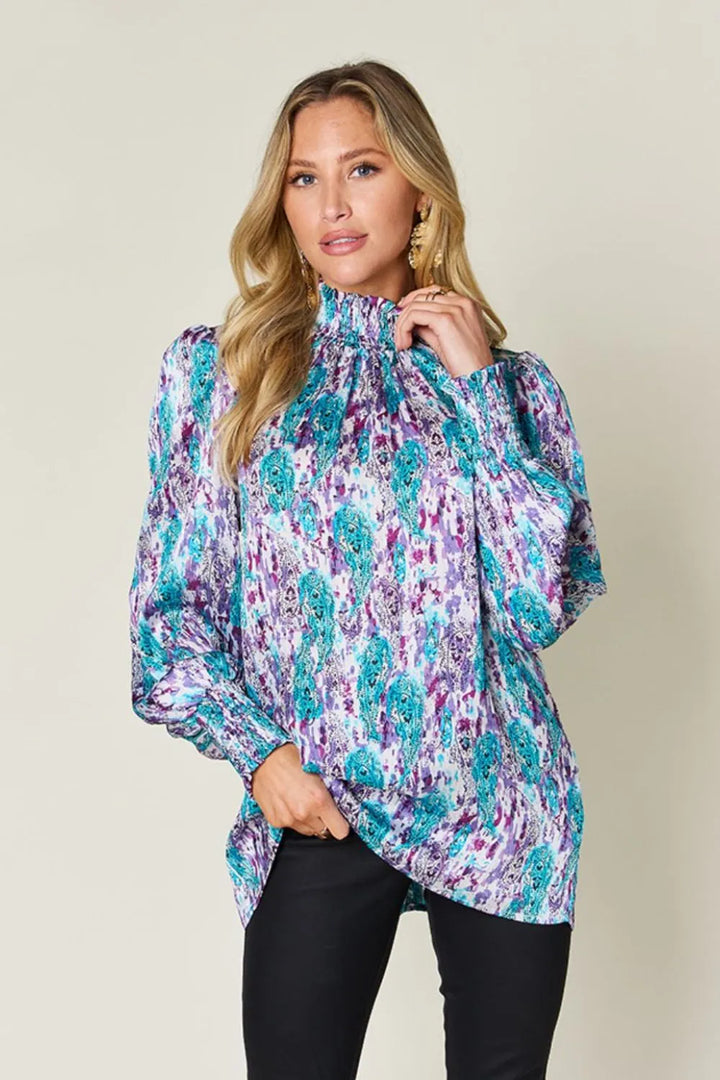 Double Take Full Size Printed Smocked Long Sleeve Blouse 
