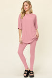 Double Take Full Size Round Neck Dropped Shoulder T-Shirt and Leggings Set 