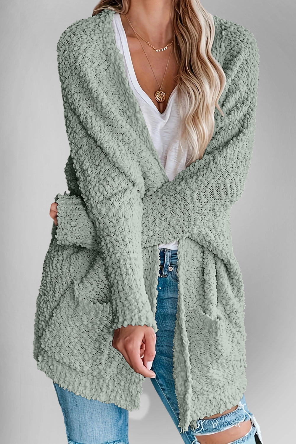 Double Take Pocketed Open Front Long Sleeve Cardigan 