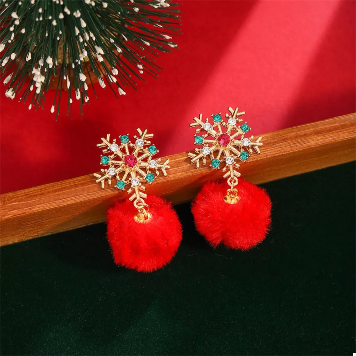 Christmas Snowflake Pom Pom Drop Earrings 