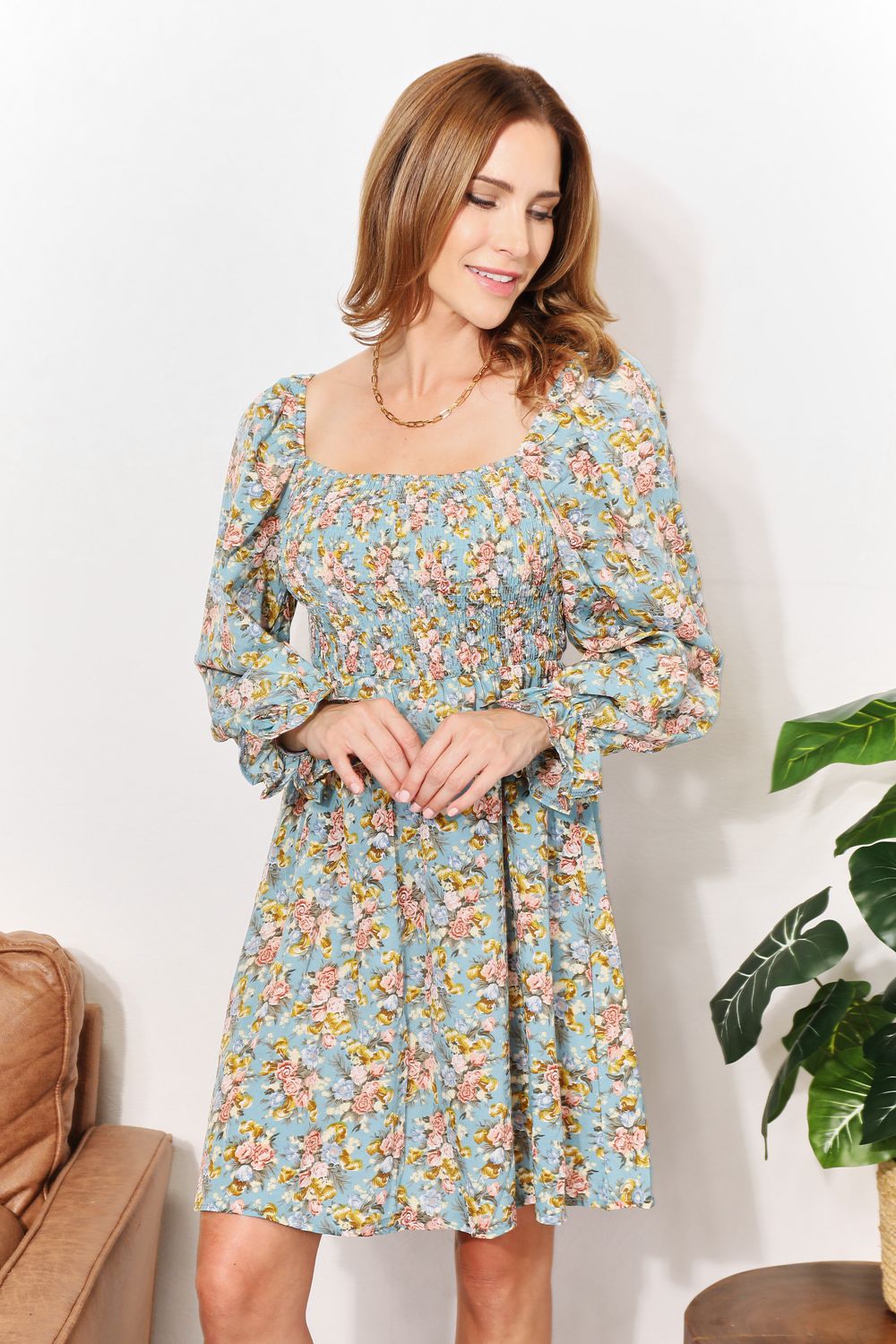 Honey Floral Smocked Flounce Sleeve Square Neck Dress 
