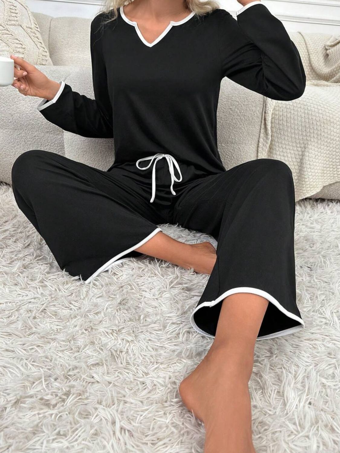 Contrast Trim Notched Long Sleeve Top and Pants Lounge Set 