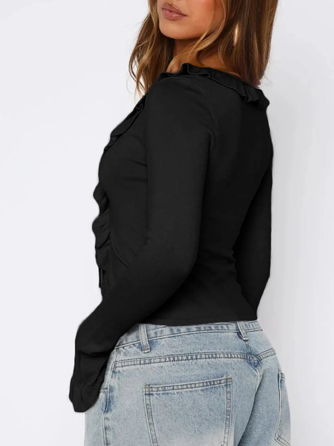 Ruffled Tie Front Flare Sleeve Shirt 