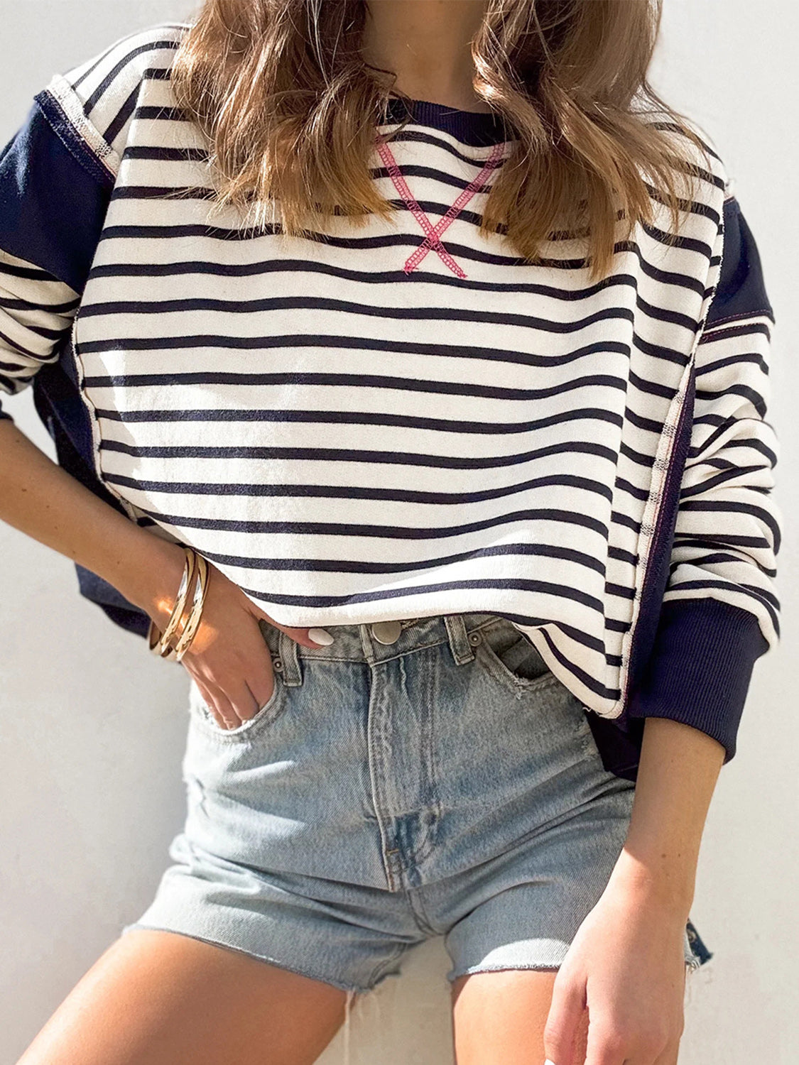 Slit Exposed Seam Striped Long Sleeve Sweatshirt 