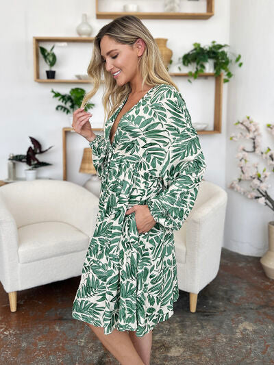 Double Take Full Size Printed Ruched Balloon Sleeve Dress 