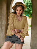 Plus Size Lace Detail V-Neck Flounce Sleeve Blouse 