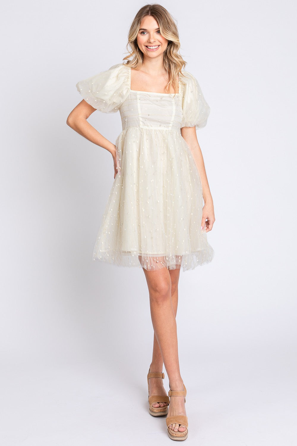 GeeGee Pearl Mesh Puff Sleeve Babydoll Dress 