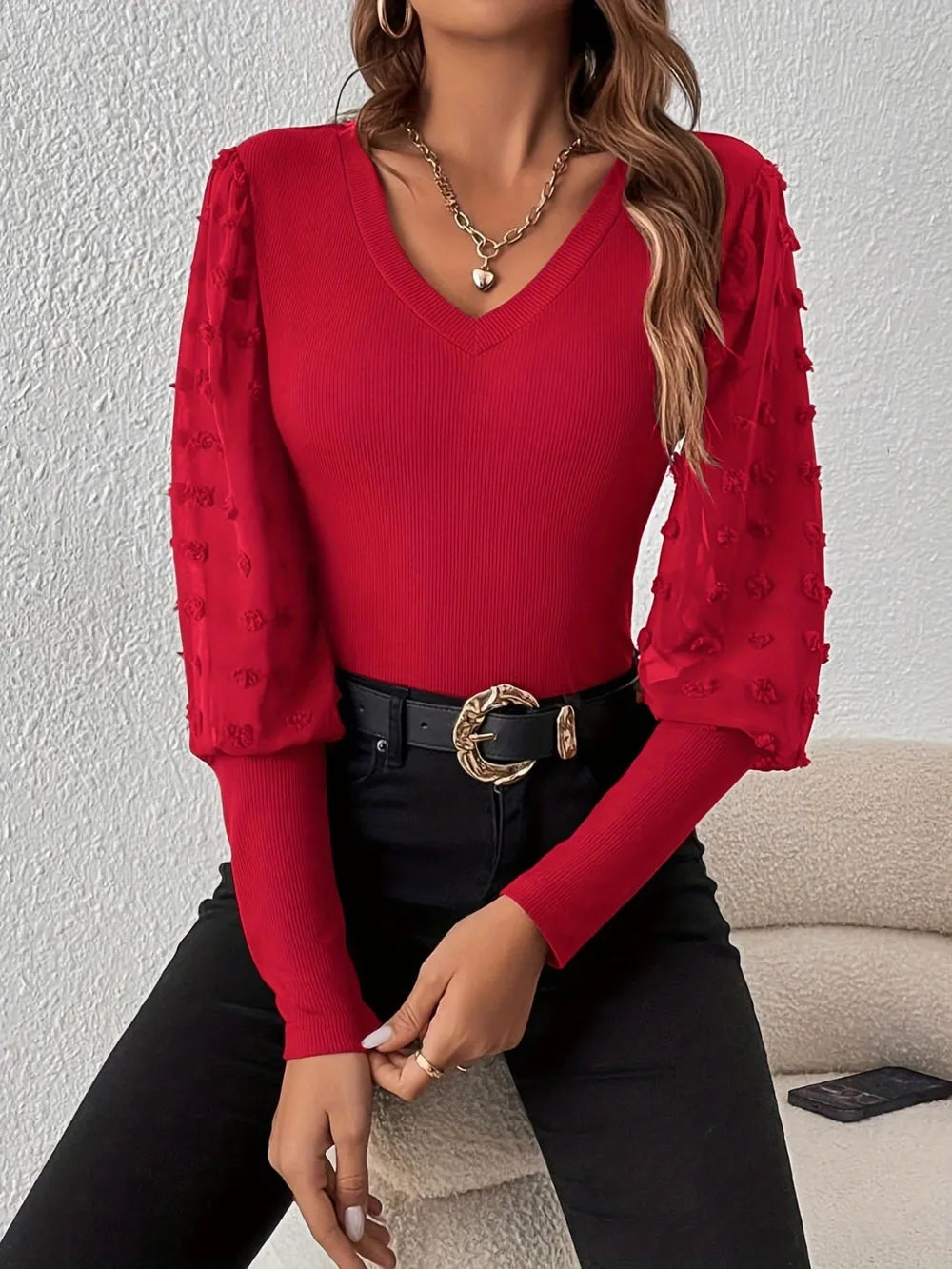 Swiss Dot V-Neck Long Sleeve Top 