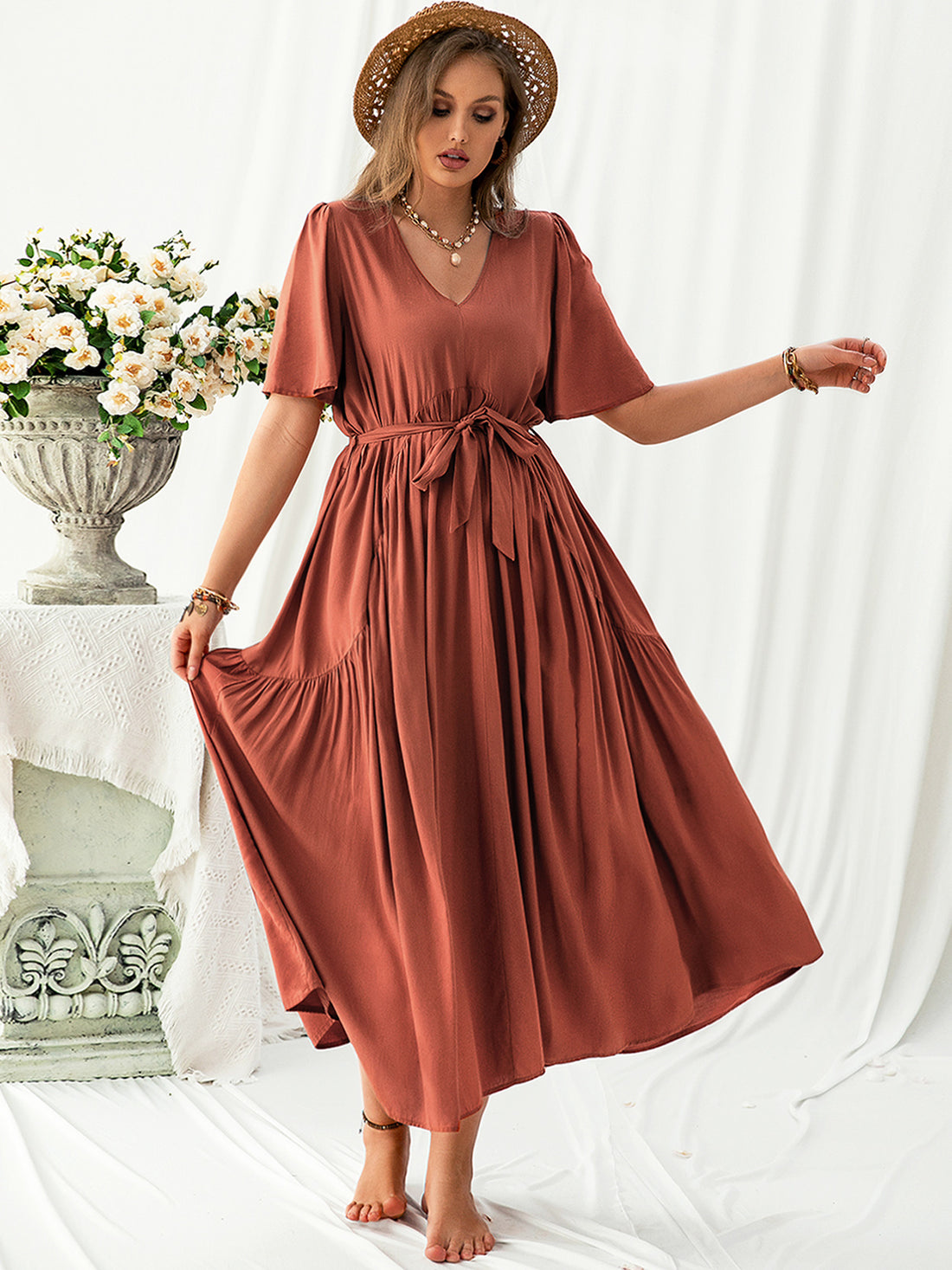 Plus Size V-Neck Flutter Sleeve Midi Dress 