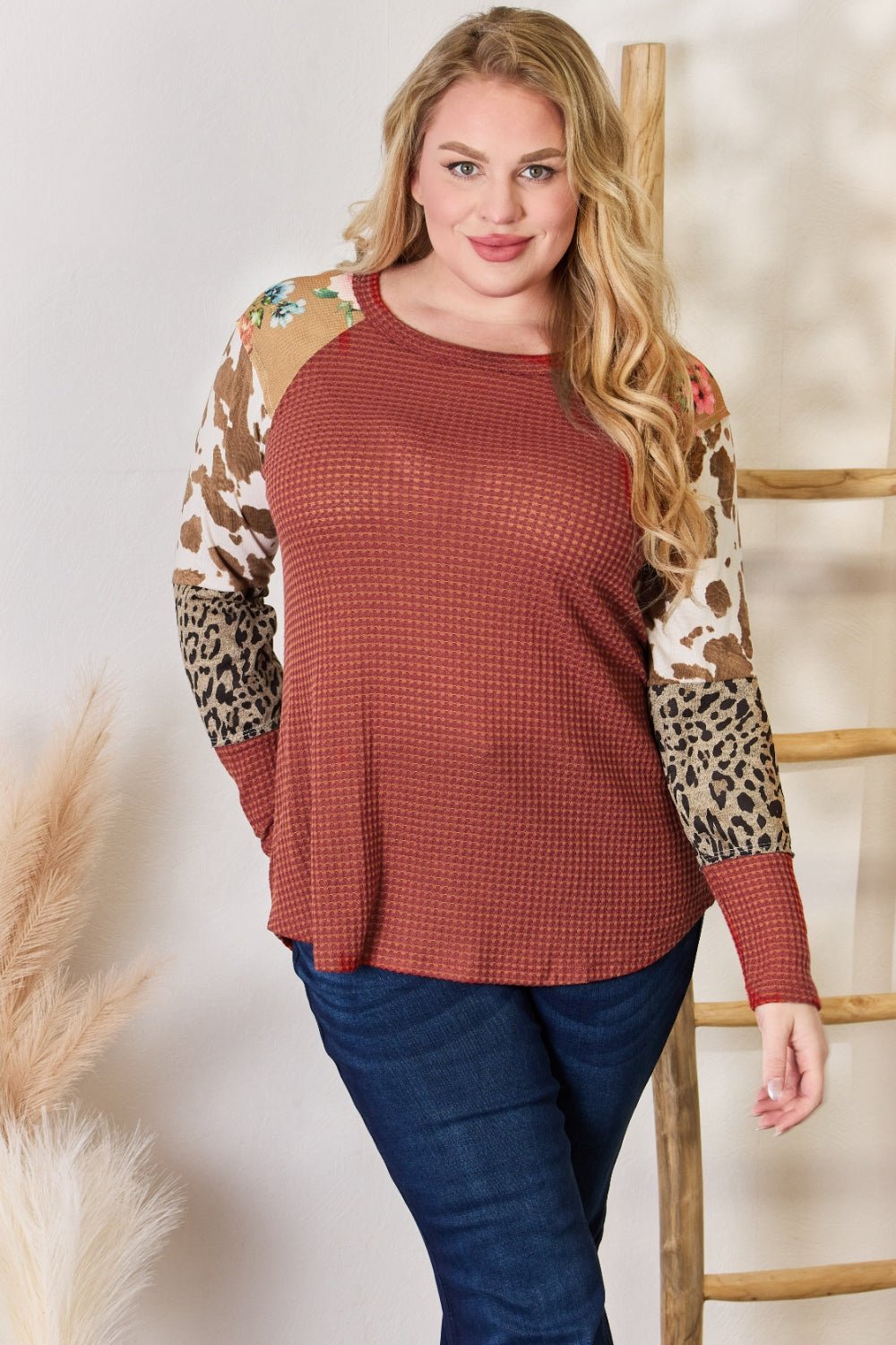 Hailey & Co Full Size Leopard Waffle-Knit Blouse 