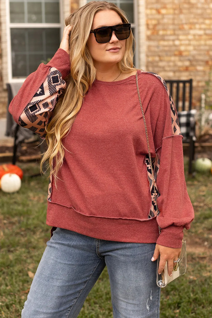 Plus Size Geometric Round Neck Long Sleeve Sweatshirt 