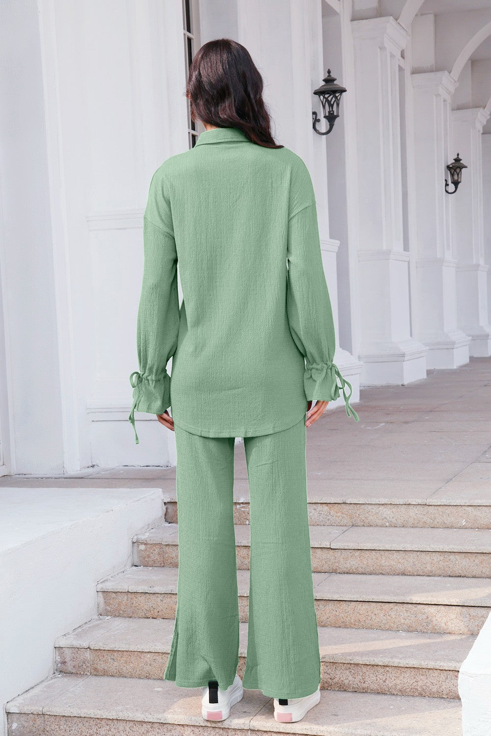 Drawstring Flounce Sleeve Shirt and Pants Set 