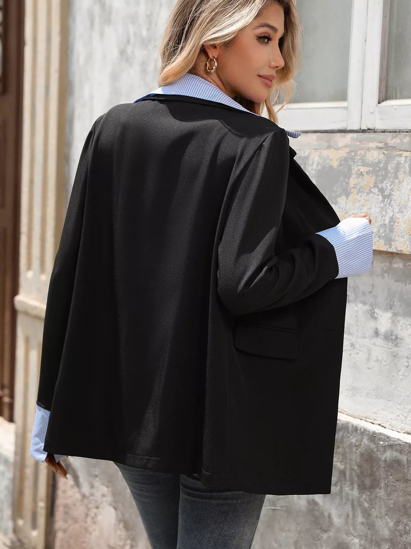 Striped Collar Long Sleeve Fake Two-Piece Blazer 