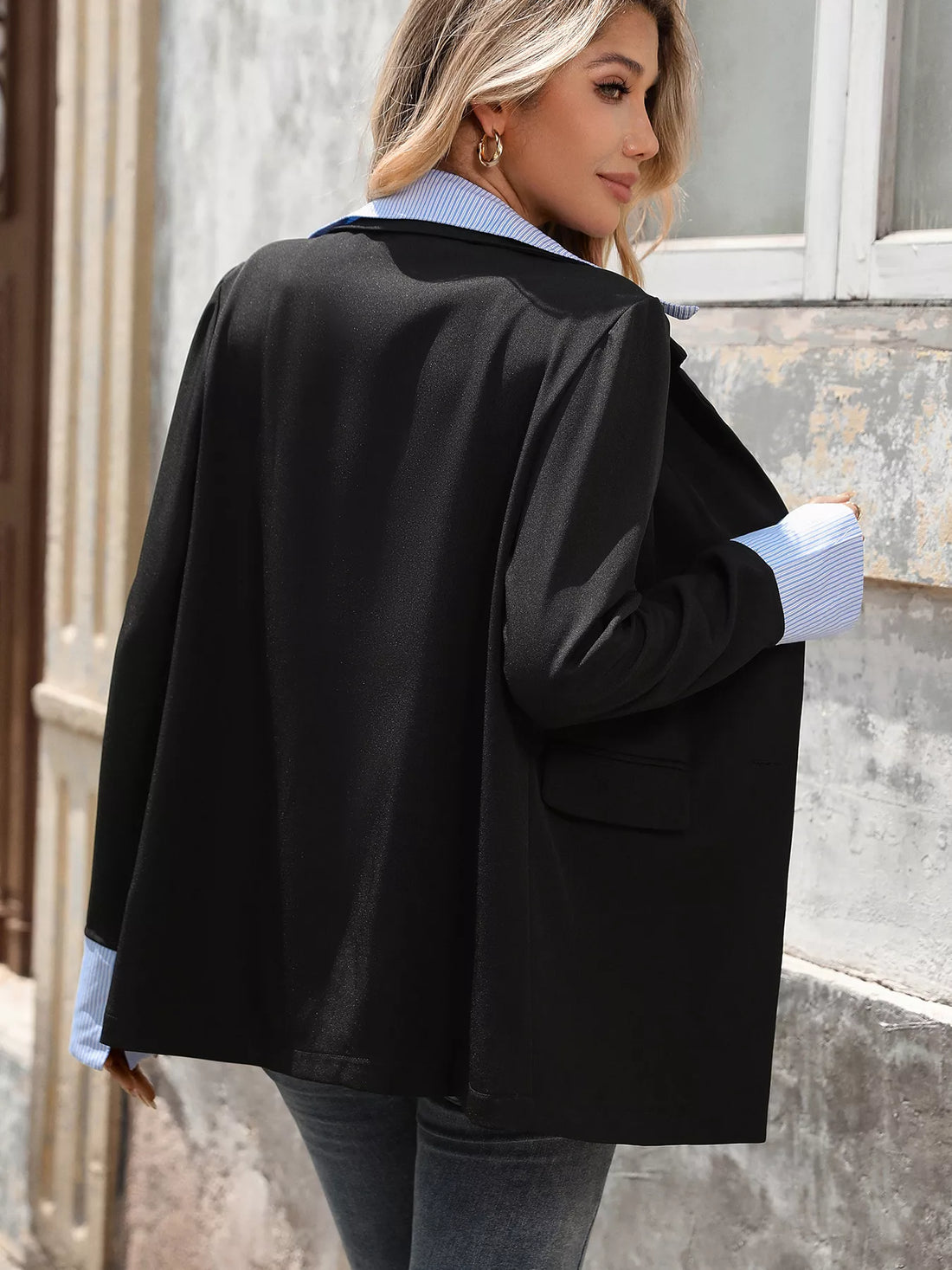 Striped Collar Long Sleeve Fake Two-Piece Blazer 