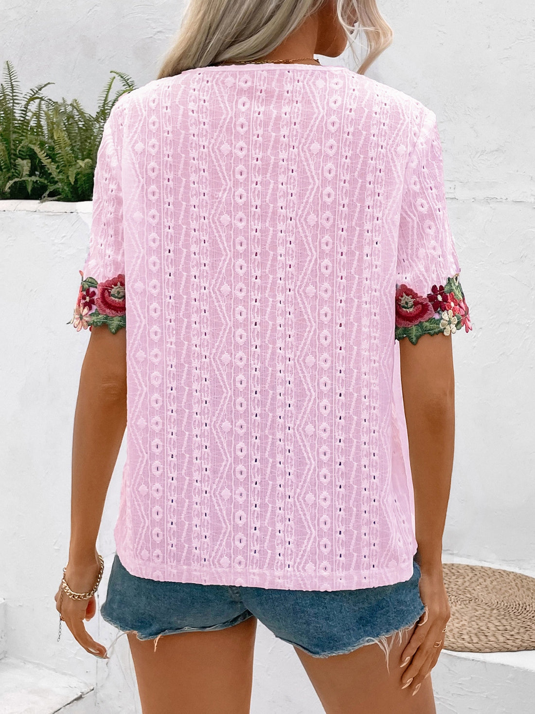 Ivy Lane Eyelet Embroidered V-Neck Short Sleeve Blouse 