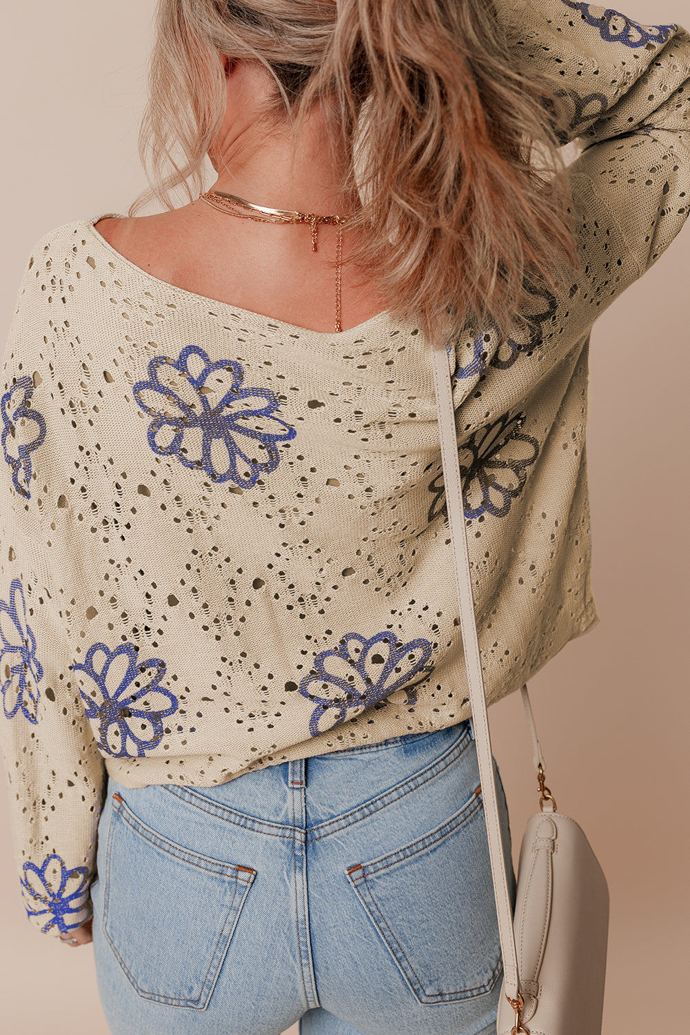Beige Contrast Flower Print Eyelet Drop Shoulder Sweater Sweaters & Cardigans/Sweaters