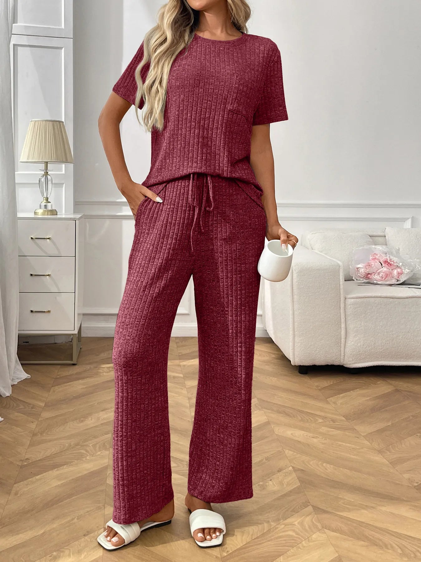 Ribbed Knit Short Sleeve Top and Pants Lounge Set Lingerie & Nightwear
