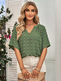 Swiss Dot Notched Neck Flare Sleeve Blouse 