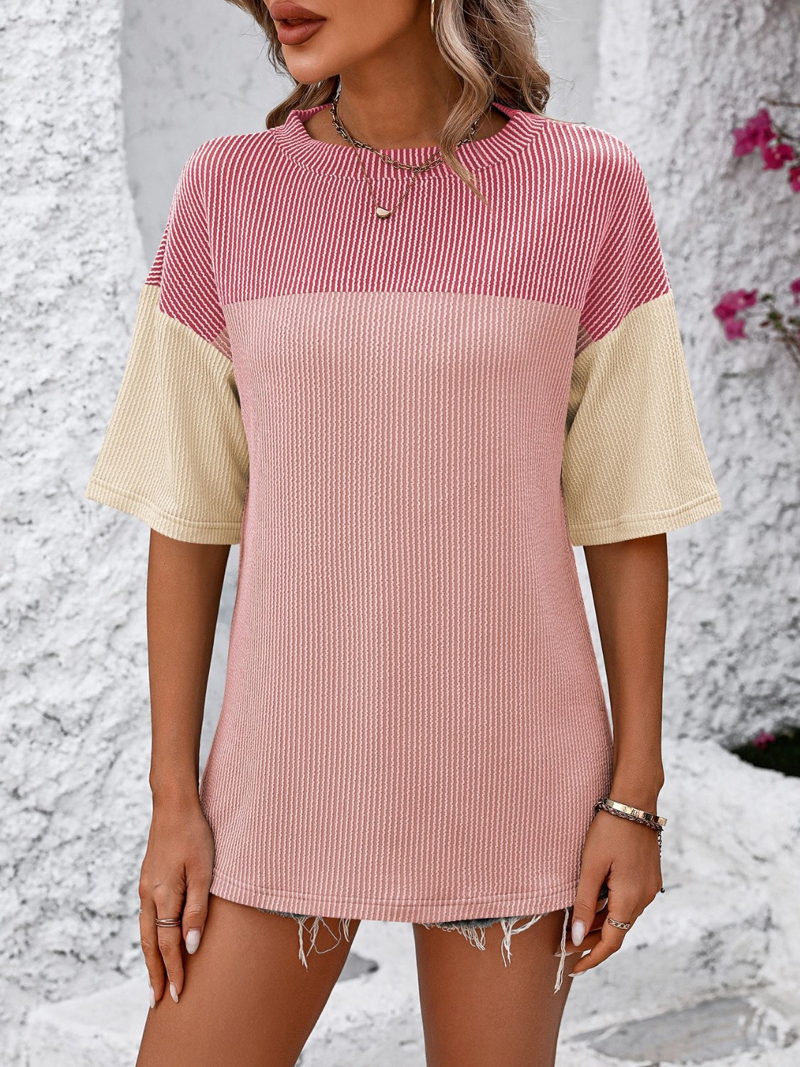 Mandy Color Block Round Neck Half Sleeve T-Shirt 