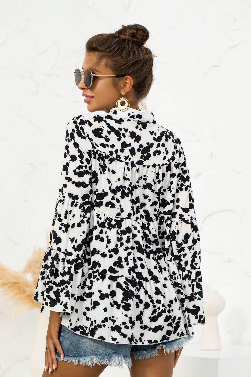 Printed Flare Sleeve Tie Neck Ruffle Trim Blouse 