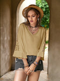 Plus Size Lace Detail V-Neck Flounce Sleeve Blouse 