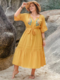 Plus Size Notched Tie Waist Half Sleeve Midi Dress 
