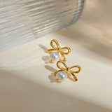 Stainless Steel Bow Pearl Earrings 