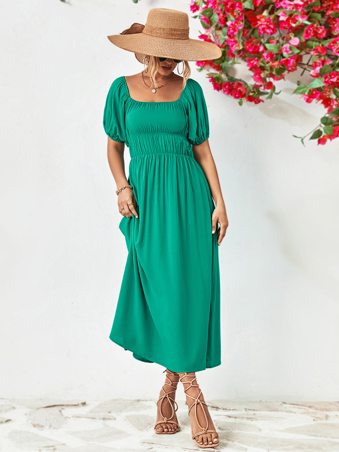 Off-Shoulder Balloon Sleeve Midi Dress 
