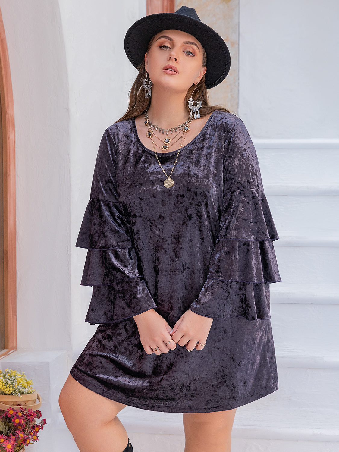 Plus Size Round Neck Flounce Sleeve Mini Dress 