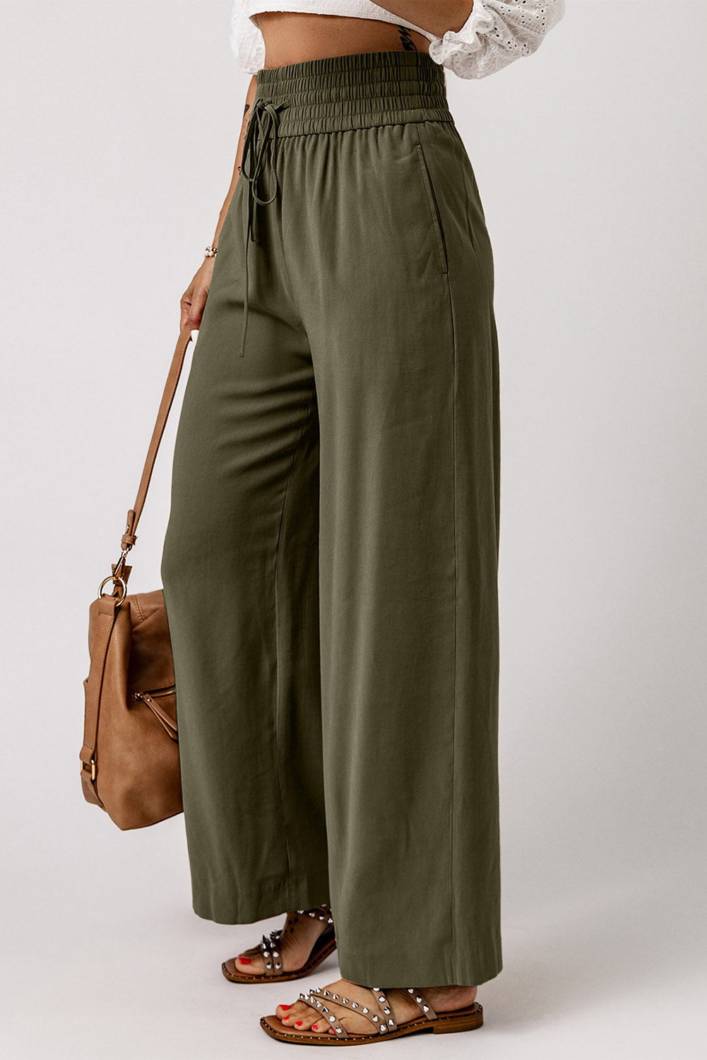 Brown Drawstring Elastic Waist Casual Wide Leg Pants Bottoms/Pants & Culotte
