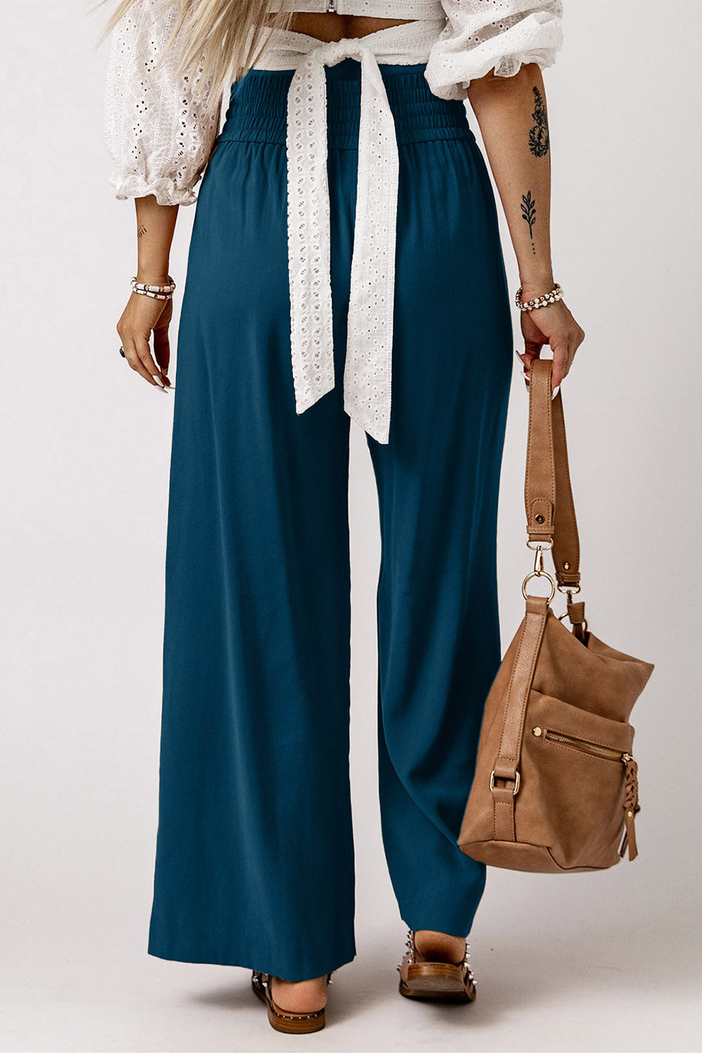 Brown Drawstring Elastic Waist Casual Wide Leg Pants Bottoms/Pants & Culotte