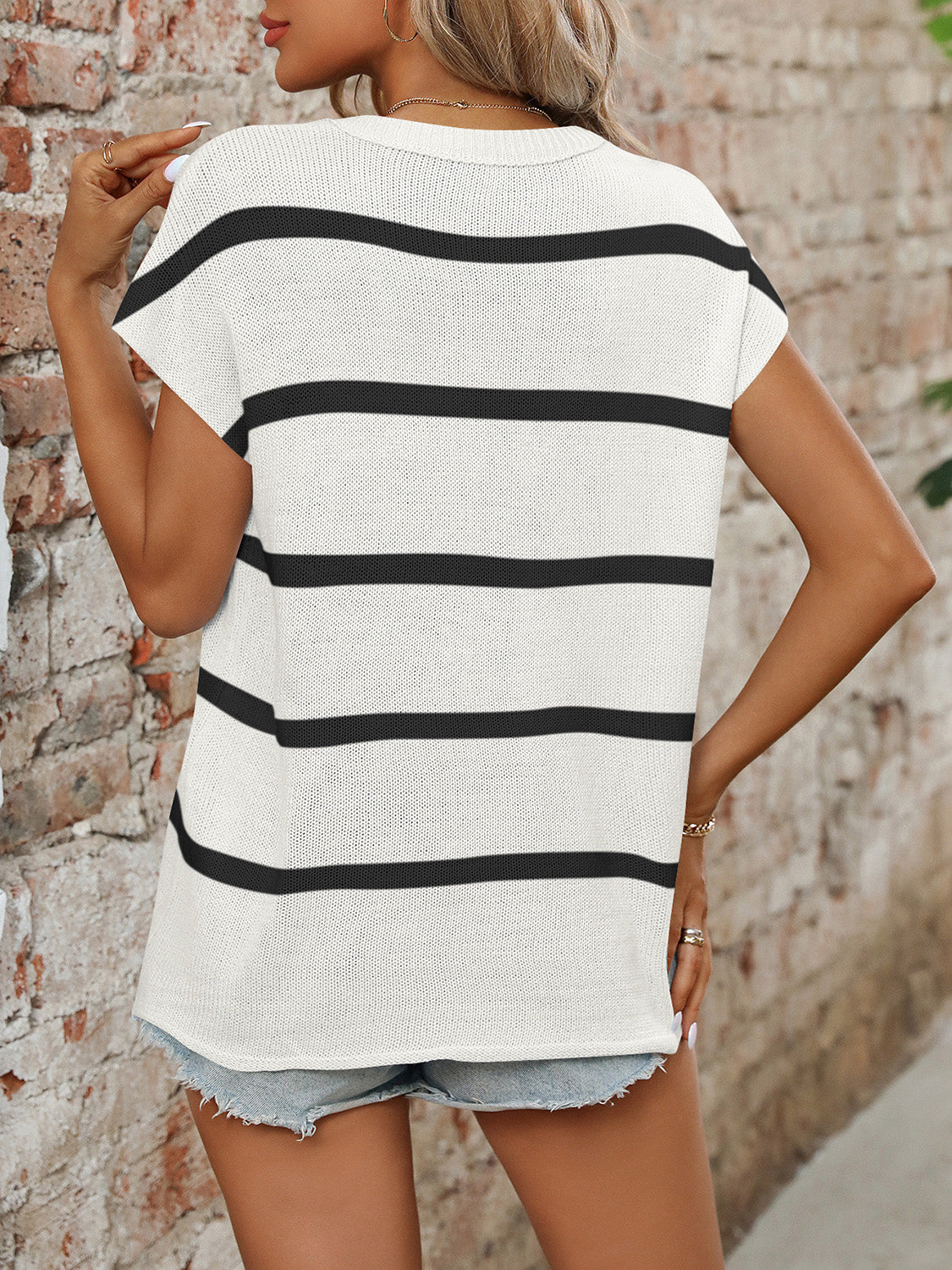 Mandy Striped Round Neck Short Sleeve Knit Top 