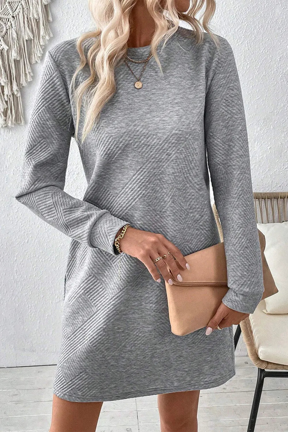 Textured Round Neck Long Sleeve Mini Dress 