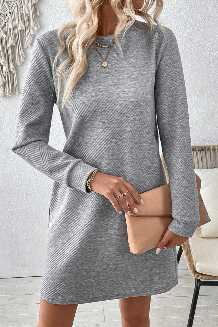 Textured Round Neck Long Sleeve Mini Dress 