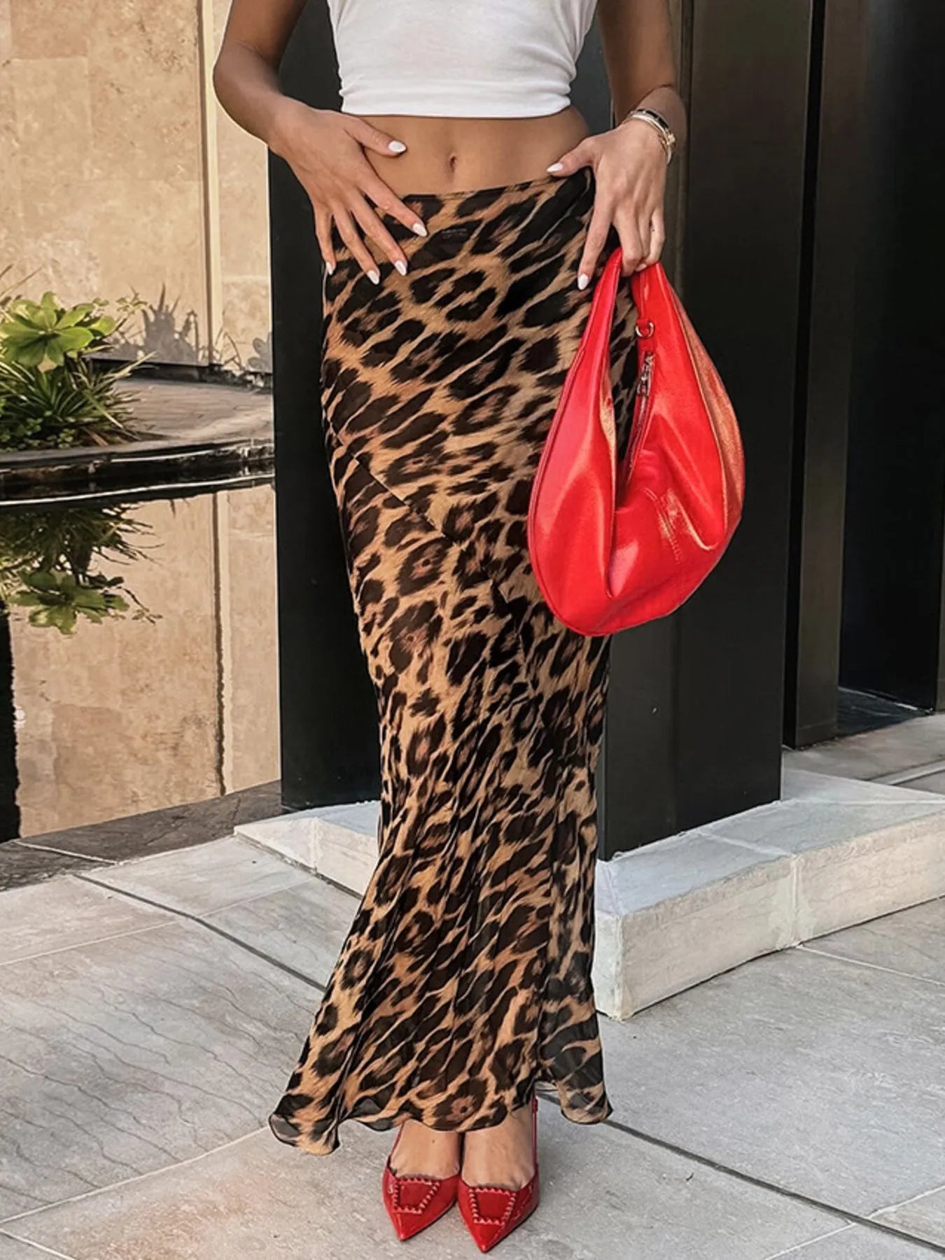Leopard Print High Waist Flare Maxi Skirt 