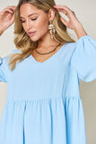 Double Take Full Size V-Neck Balloon Sleeve Tiered Dress with Pockets 