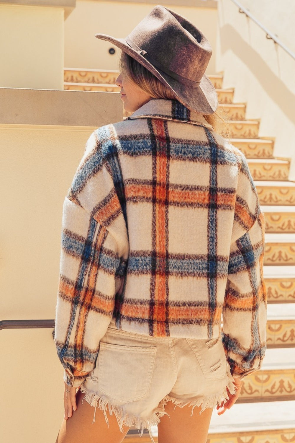 BiBi Brushed Plaid Crop Jacket with Pockets 