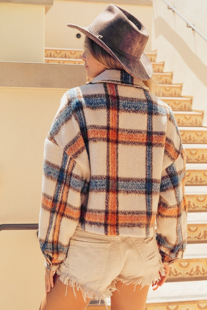 BiBi Brushed Plaid Crop Jacket with Pockets 