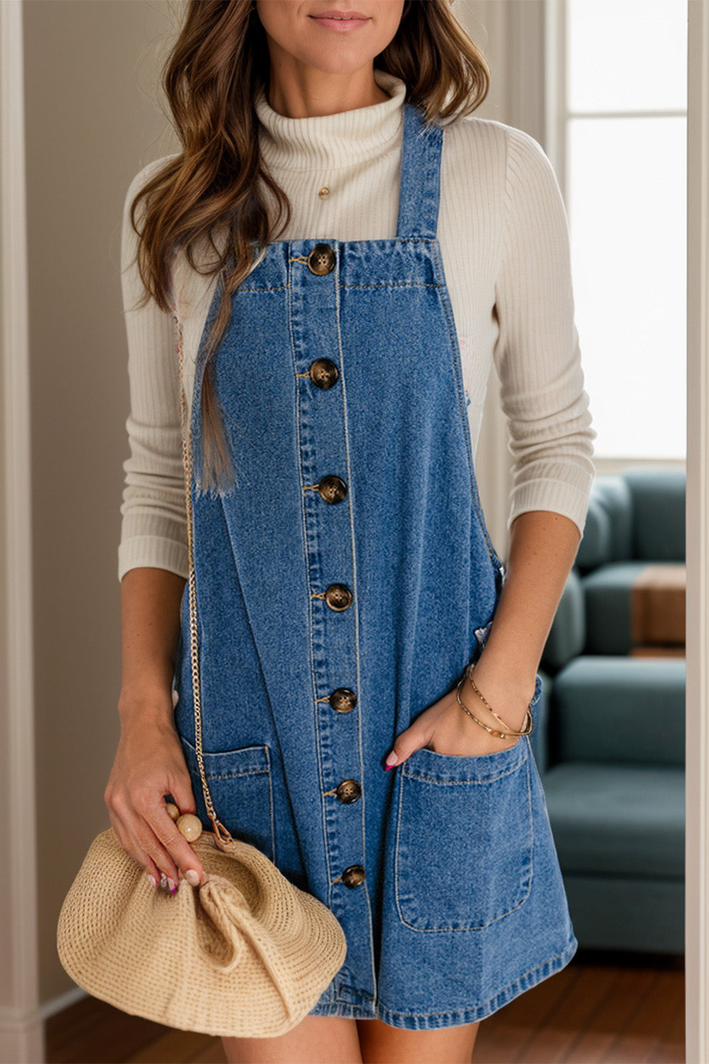 Square Neck Wide Strap Denim Overall Dress 
