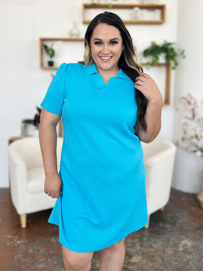 Double Take Full Size Texture Collared Neck Short Sleeve Dress 