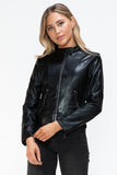 Snobbish Faux Leather Zip Up Drawstring Hooded Jacket 