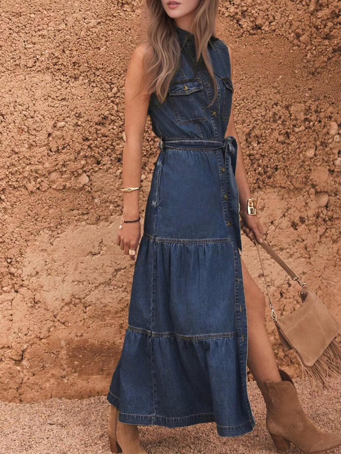 Button Front Sleeveless Denim Dress 