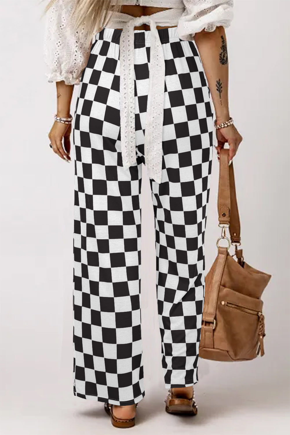 Black 2-Tone Checked Print High Waist Wide Leg Pants Bottoms/Pants & Culotte