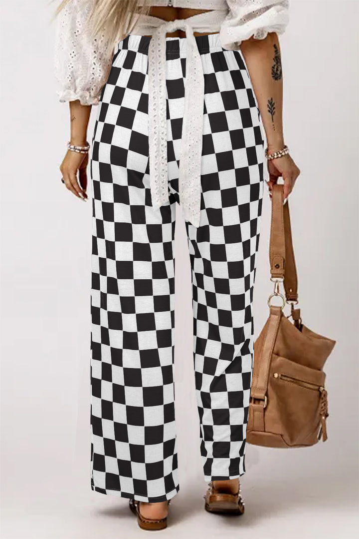 Black 2-Tone Checked Print High Waist Wide Leg Pants Bottoms/Pants & Culotte
