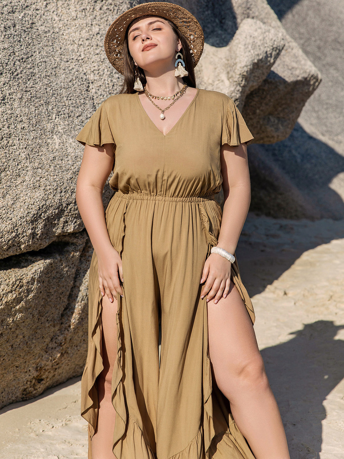 Plus Size Slit Ruffled V-Neck Jumpsuit 
