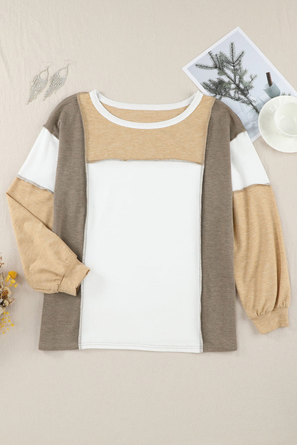 Exposed Seam Contrast Round Neck Long Sleeve Top 