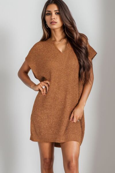 Notched Cap Sleeve Mini Sweater Dress Dresses